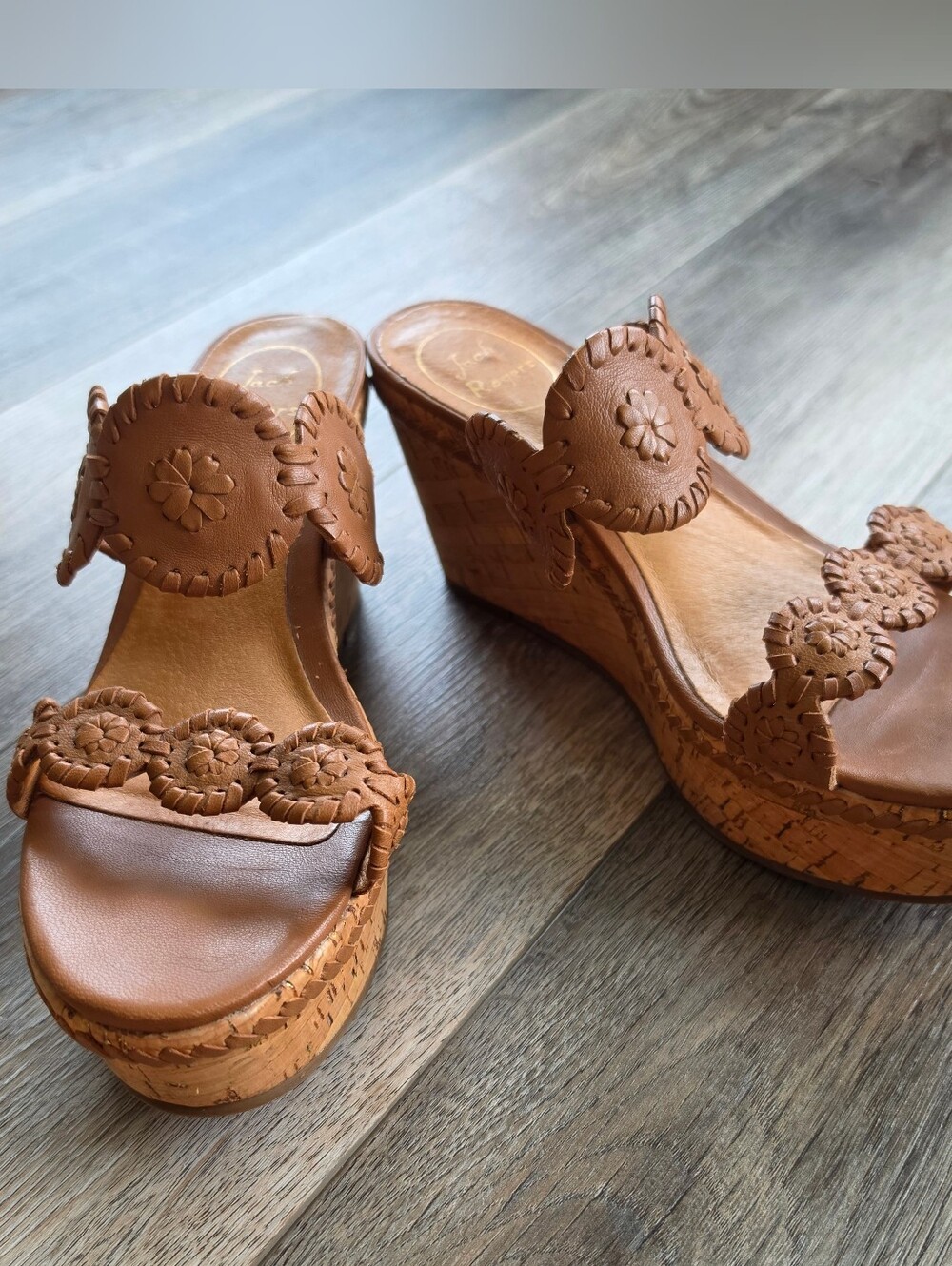 Jack Rogers Leigh Leather Cork Platform Wedge Sandals, Cognac SIZE 8M